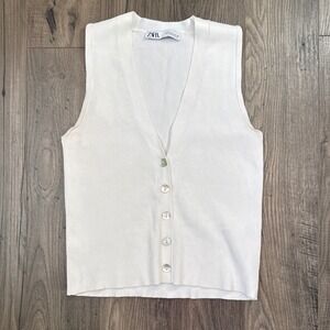ZARA Ribbed Button Front Sleeveless V Neck White Knit Top Size M